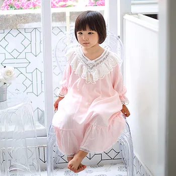Бебешка Рокля в стил Лолита за момичета, Розова пижама принцеса, Дантелени нощници с V-образно деколте. Детска нощница във викториански стил за деца, Дрехи за сън