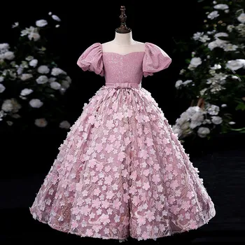 Сватбена рокля с цветя модел за момичета, много елегантен, прашни-розово, винтажное дълго, за бала, за малки деца, вечер, коктейл, банкет рокля