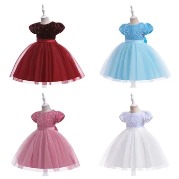 Лятна рокля на принцеса за момиченца 2-7 години, дебнещ рокля за малки момичета, вечерна рокля с къси ръкави за отдих, детска рокля