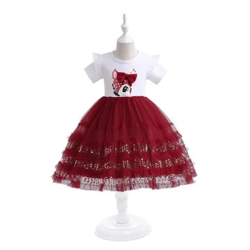 Тъмно Червено кратко детско лятна рокля Slevee, бебешки дрехи за изпълнения с анимационни елен, празнична рокля за момичета от 4-8 години CAL001
