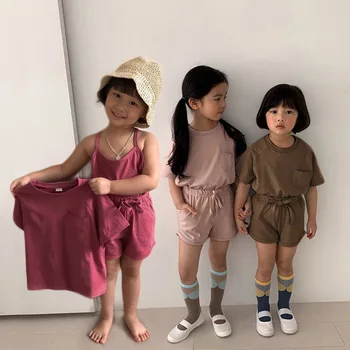 Комплекти за деца, памучен тениска за момче, детски дрехи в корейски стил, Жилетка от Костюм за момичета, Тениска + Шорти + Майк, Комплект от три елемента