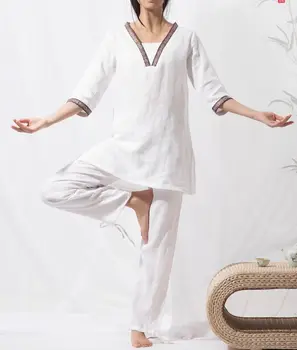 висококачествени памучни и ленени пролетно-летни дамски костюми за йога с бродерия, форма за фитнес, кунг-фу, тай-чи, дрехи тай-чи