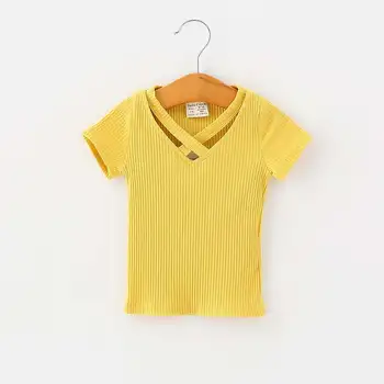 Памучен тениска, обикновен потник с V-образно деколте, детски дрехи, нова мода за малки момичета с къс ръкав, обикновена
