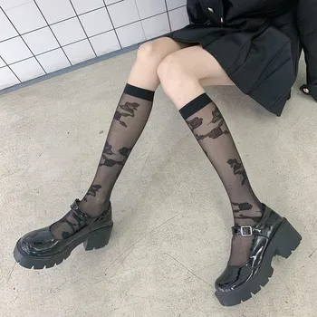 Чорапи за краката дамски летни тънък черно-бели чорапи jk, чорапи с цветя модел на точки, копринени чорапогащи с обвивка до средата на пищяла