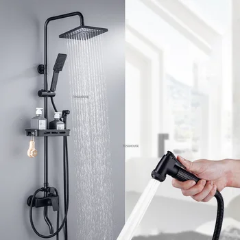 Черен месинг смесител за душ с рафт, душ система за баня, стенни домакински четырехскоростная един пулверизатор за душ