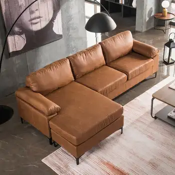 Секционни диван средата на века, разтегателен L-образна форма, Ъглов диван, кожен диван-шезлонг с нежни метални крака, диван за хол