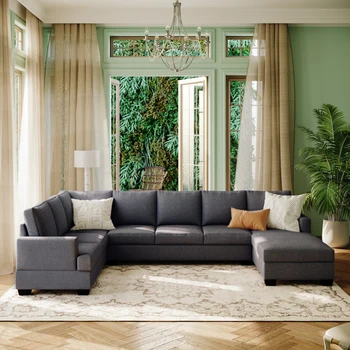 Модерен Голям секционни диван U-образна форма, с мека тапицерия, изключително широк шезлонг
