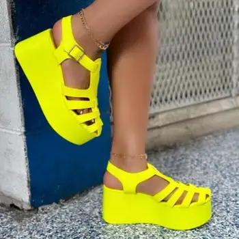 2023 Летни дамски новите римски сандали с кръгла глава и бутони на висок ток с дебела подметка, женски възли сандали на танкетке, чехли
