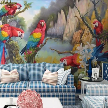 beibehang Потребителски тапети, стенопис, средновековна ръчно рисувани, тропическа гора, цветни фон с папагала, рисувани стенни papel de parede