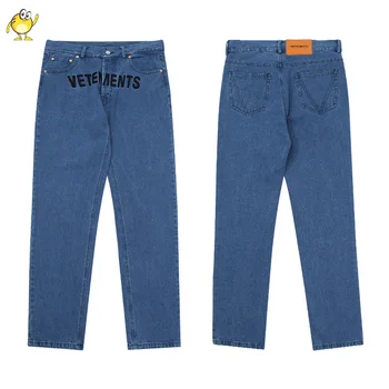 Demisezonnyj ежедневното сини дънкови панталони VETEMENTS за мъже и жени е 1:1-Доброто качество, черни дънки VTM с буквенной бродерии, копчета, джоб