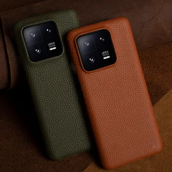 Ретро Чанта от Телешка кожа от естествена кожа За Xiaomi 13 Cases Калъф За Телефон от Естествена Кожа За Xiaomi 13 Pro със Зърнеста Текстура Личи, Задната част на Кутията, Капа