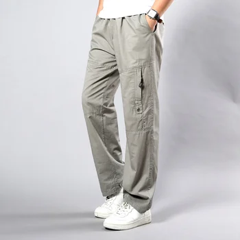 Летни Мъжки Панталони цвят Каки Голям Размер на Директно Намаляване Голям Размер 5XL СЪС странични Джобове, Широки Памучни Черни Панталони-карго, Работни Панталони Мъжки
