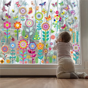 9 етикети на прозорци с цветя и пеперуди, декоративни стикери за прозорците на детската стая детската градина