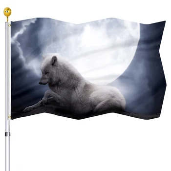 Знамена с образа на животното Вълк в лунна нощ за къщи, вътрешни веранда, външна декорация, знамена с двойно сшитым банер, месингови люверсы за жени и мъже
