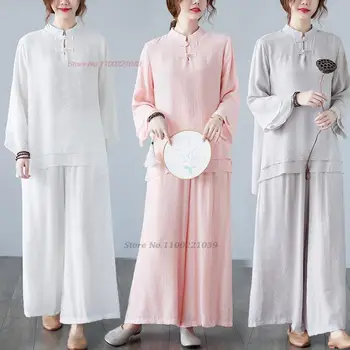 традиционен женски ретро комплект 2023 г., национален хлопчатобумажный бельо костюм дзен, китайска блуза + свободни панталони, комплект дрехи за източното кунг-фу