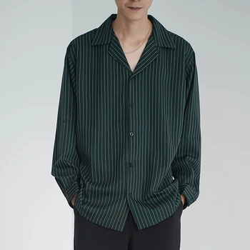 2022 пролетно-лятна нова мъжка риза райе с драповым куба яка, свободна ежедневни риза, модна тъмно зелена кафява черна