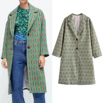 ZA 2021, модно дамско палто от зелен вълнен плат, решетка, однобортные дълги якета, памучни дрехи, дамски Връхни дрехи, Луксозни върховете