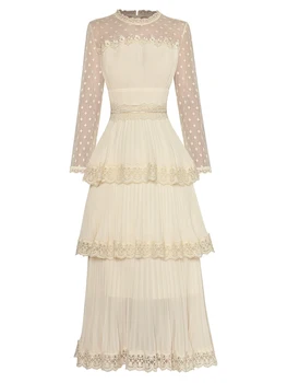 Качество на проектно рокля в стил барок 2023 г., женствена рокля със средна дължина, с кръгло деколте и обещаващо дълъг ръкав, расшитое диаманти и перли