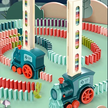 Детски вагон-домино със звук и светлина, Автоматична полагане на тухли-домино, Цветни кубчета, домино, образователна игра 