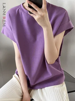 Дамски дизайнерски тениска LANMREM без ръкави, с кръгло деколте, обикновена модни блузи, ежедневни дамски дрехи 2023, лятна новост 2YA1921
