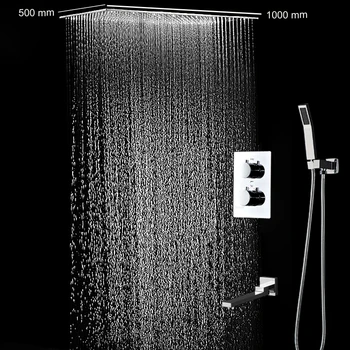 Термостатичен тавана Голям комплект за душ с дъждовна дюза 500X1000 мм, Накрайник за душ от неръждаема стомана 304, улей за подвижен душ, комплект за баня