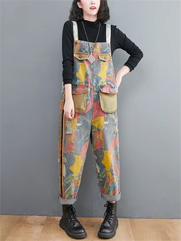 Пролетно-есенен модерен женски джоб, мозайка шиене, ретро принт, скъсани дънки на подтяжках, женски свободни ежедневни универсални дънкови панталони