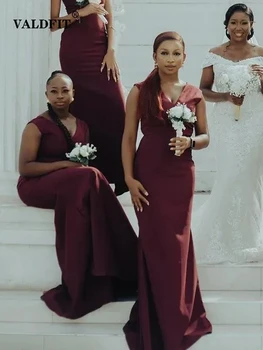Дълги Дамски рокли на Шаферките от сатен цвят Русалка цвят бордо 2022, сватбена рокля с V-образно деколте, Vestido Dama De Largo Honor