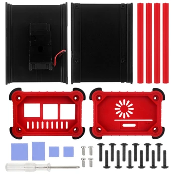 Алуминиев корпус, черно-червена капачка на корпуса на кутията, защита от падане, метална обвивка кутии с охлаждащ вентилатор за Raspberry Pi 4B F19E