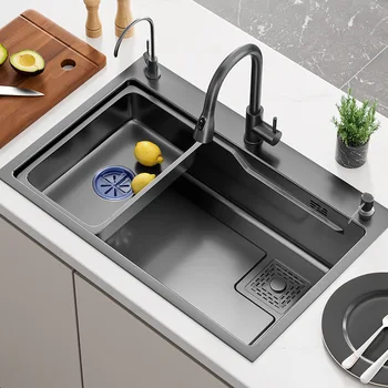 Нано-мивка от неръждаема стомана сив цвят 304, кухненски прибори с по-голям с едно канавката, за ръчно измиване на съдове под мивката
