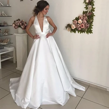 Секси сватбена рокля с дълбоко V-образно деколте, оглавник на врата, бяло атласное рокля с цвят на слонова кост, сватбената рокля Robe De Maria с отворен гръб, подвижна лък, Vestido De Noiva