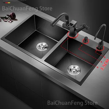 Двойна Луксозна мивка за измиване на 304 Кухненски мивки от неръждаема стомана, черен Нано-мивка под платформа, Кухненски принадлежности