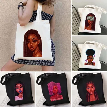 Африканска меланиновая Попсовая мода, секси черно момиче, жена холщовая чанта на рамото, ежедневна чанта, памучни летни чанти за пазаруване