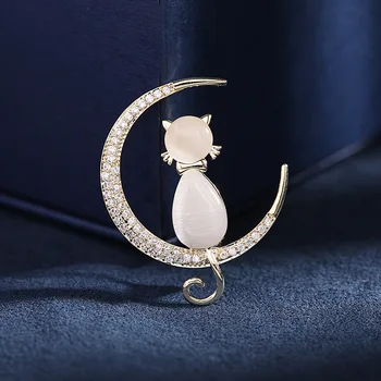 Уникални дизайнерски брошки във формата на Лунната котка за жени, брошки с кристали във формата на животно, игли, аксесоари, дрехи, бижута, официалната парти