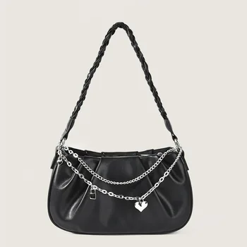 Y2K Сладка готина женска чанта под мишниците, сгъване на веригата, чанта на рамото за най-горещите момичета, дизайнерска чанта за през рамо в стил пънк-тоут, чанти-портфейли
